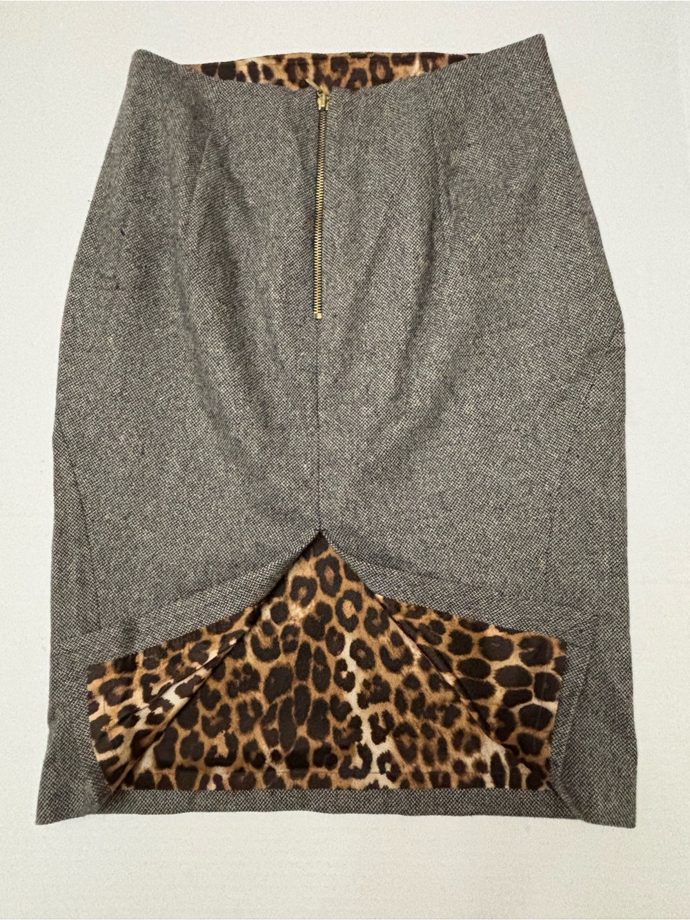 Express Design Studio Wool Blend Gray Tweed Pencil Skirt Leopard Lining Size 4